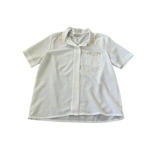 Kathy‎ Che Womens Button Up Shirt White Size 12 Embroidered Floral Short Sleeve